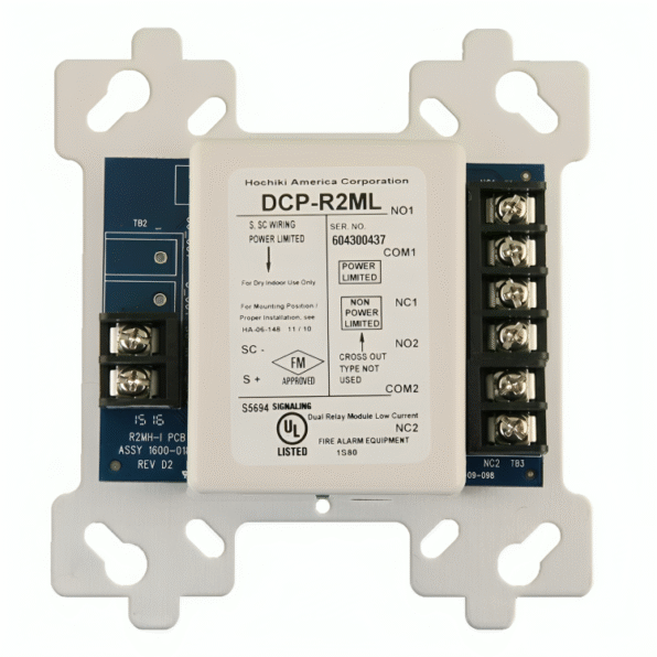 The Hochiki DCP-R2ML Dual Relay Module being wired into a fire alarm control system.