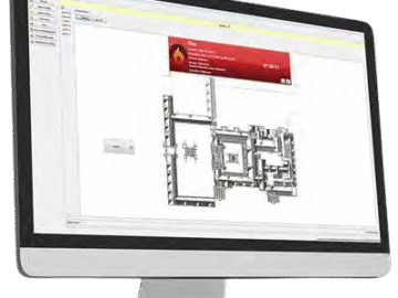 Screenshot of the Hochiki L@ti-View software showing a building floor plan with fire alarm device icons.