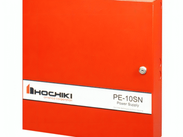 The interior of a Hochiki PE-10SN power supply, showing the mainboard, terminals, and space for backup batteries.