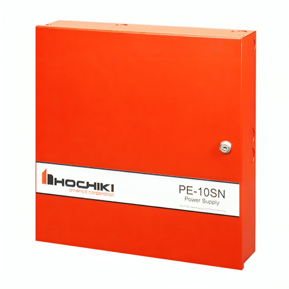 The interior of a Hochiki PE-10SN power supply, showing the mainboard, terminals, and space for backup batteries.