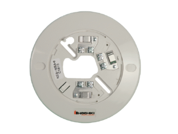 A white Hochiki YBN-NSA-4 standard detector base, showing the screw terminals for SLC wiring.