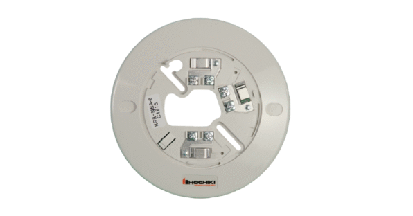 A white Hochiki YBN-NSA-4 standard detector base, showing the screw terminals for SLC wiring.